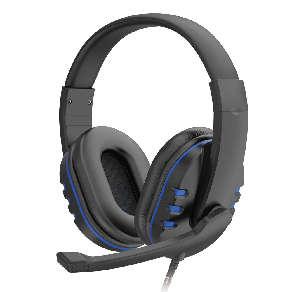 Black wired gaming headset with blue accent trim and detachable microphone for game pc chat and ps4 use
