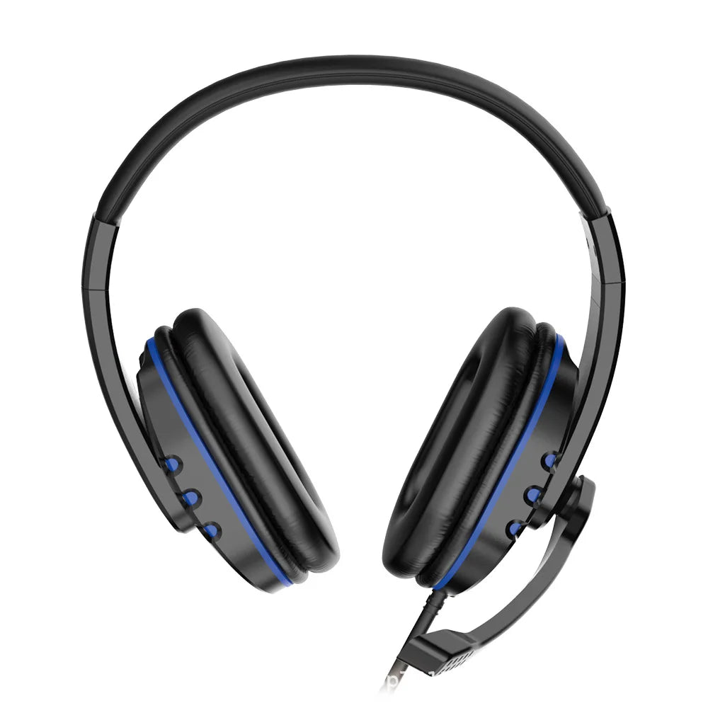 Black over-ear wired gaming headset with blue trim and detachable microphone for game pc chat and ps4 use