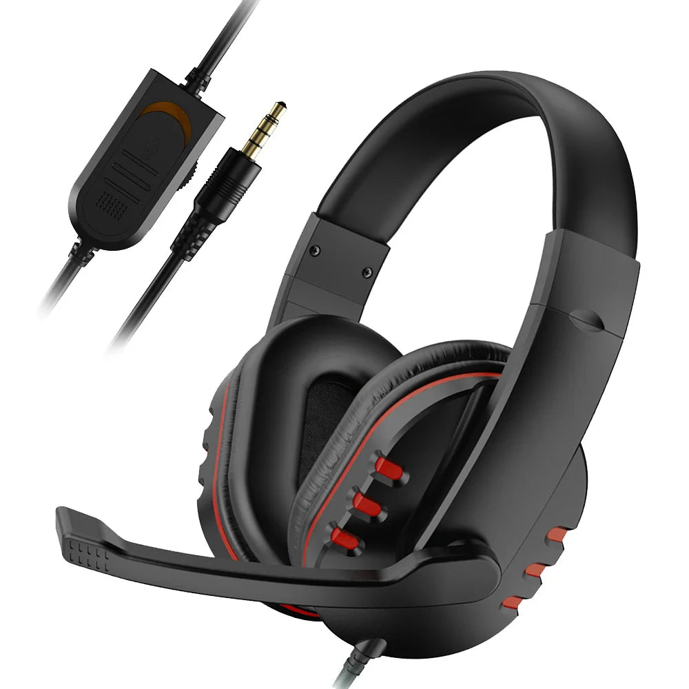 Black and red wired gaming headset with padded earcups adjustable headband and detachable microphone for game pc chat