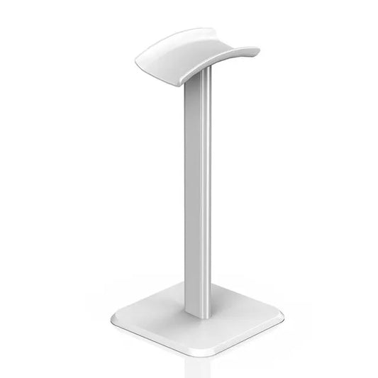 White minimalist headphones stand universal made of aluminuim alloy with sleek curved top and square base for desktop gaming earphones