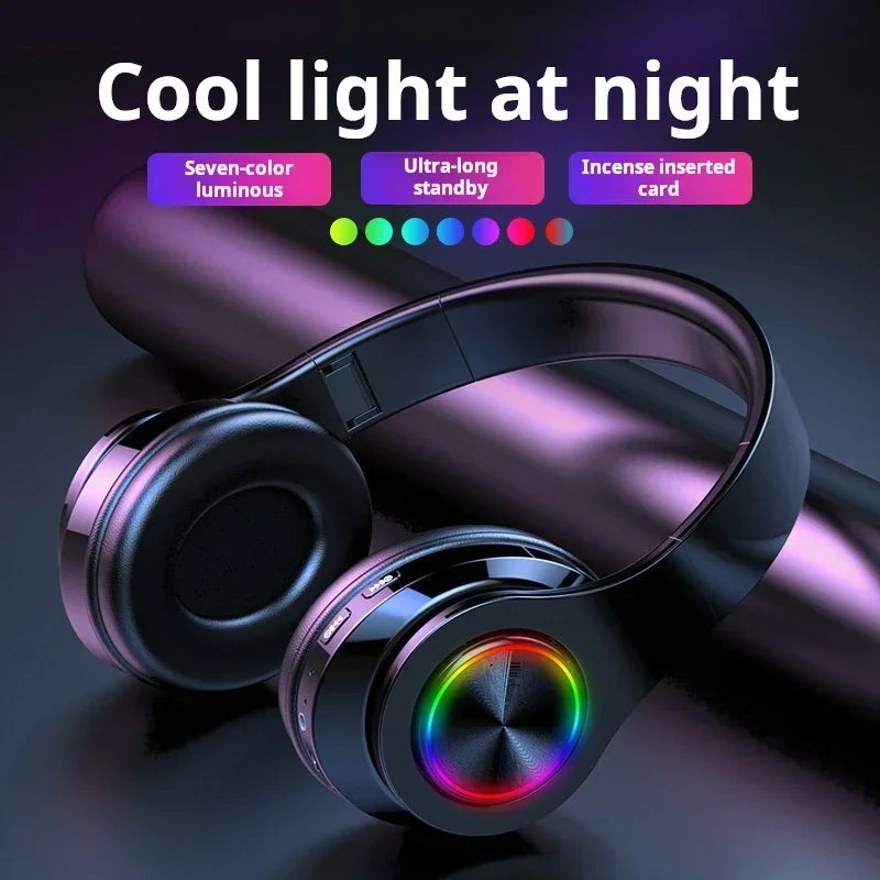 Black over-ear headsets gamer headphones with rainbow led colourful light microphone surround sound wireless usb