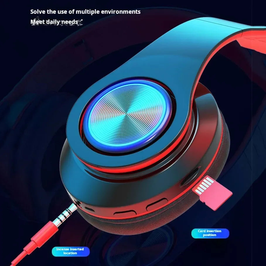 Blue and red headsets gamer headphones with headphones blutooth surround, metallic finish, microphone colourful light, and card slot