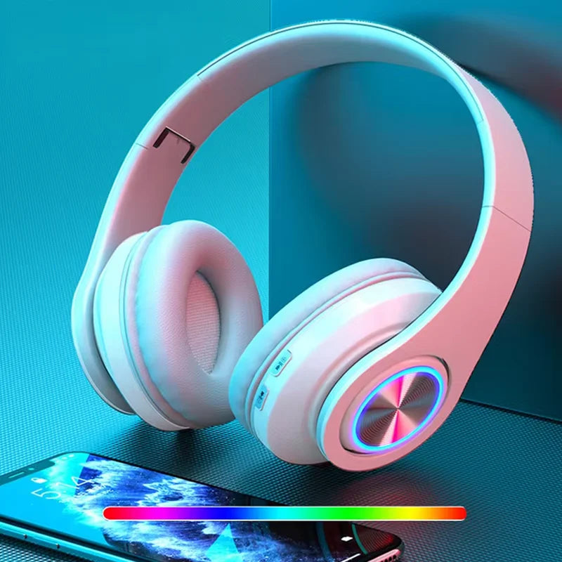 Pastel pink headsets gamer headphones with wireless bluetooth surround sound microphone colourful light and padded headband