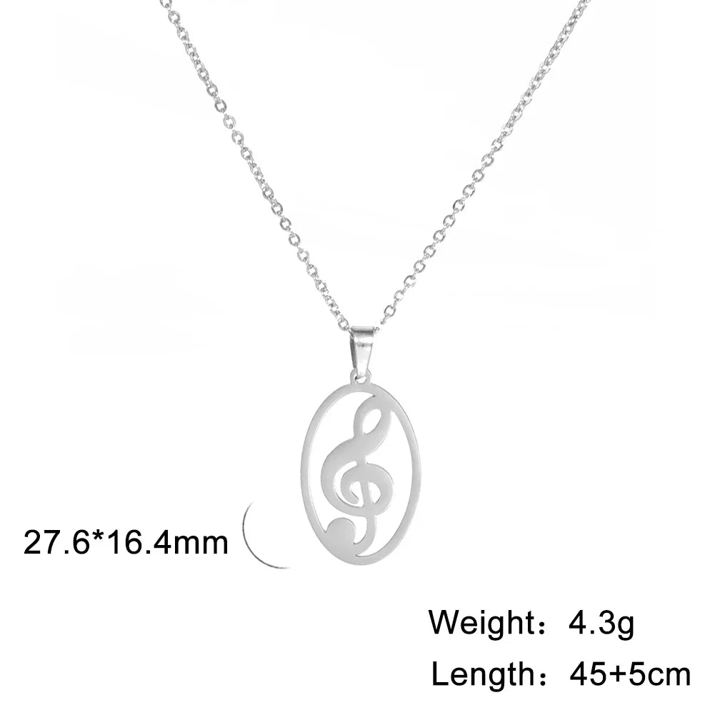 Silver oval pendant note treble necklace with delicate heart music note design stainless steel gift for men women kids