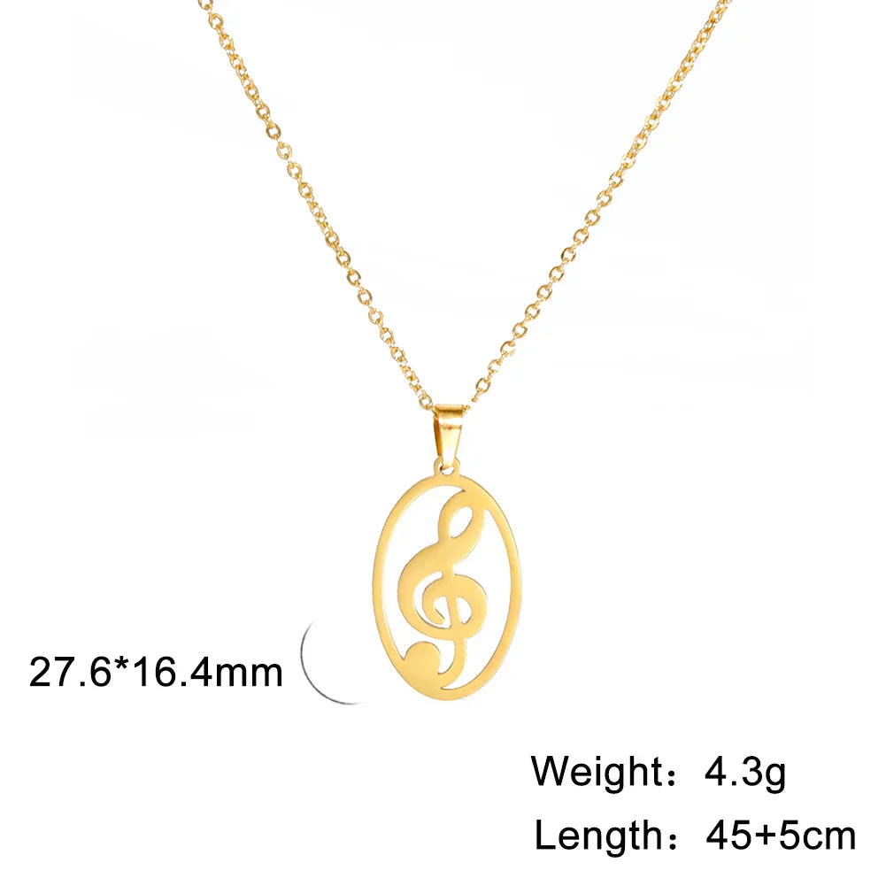 Gold-toned stainless steel oval pendant note treble necklace featuring cut-out heart music note design gift for men women kids