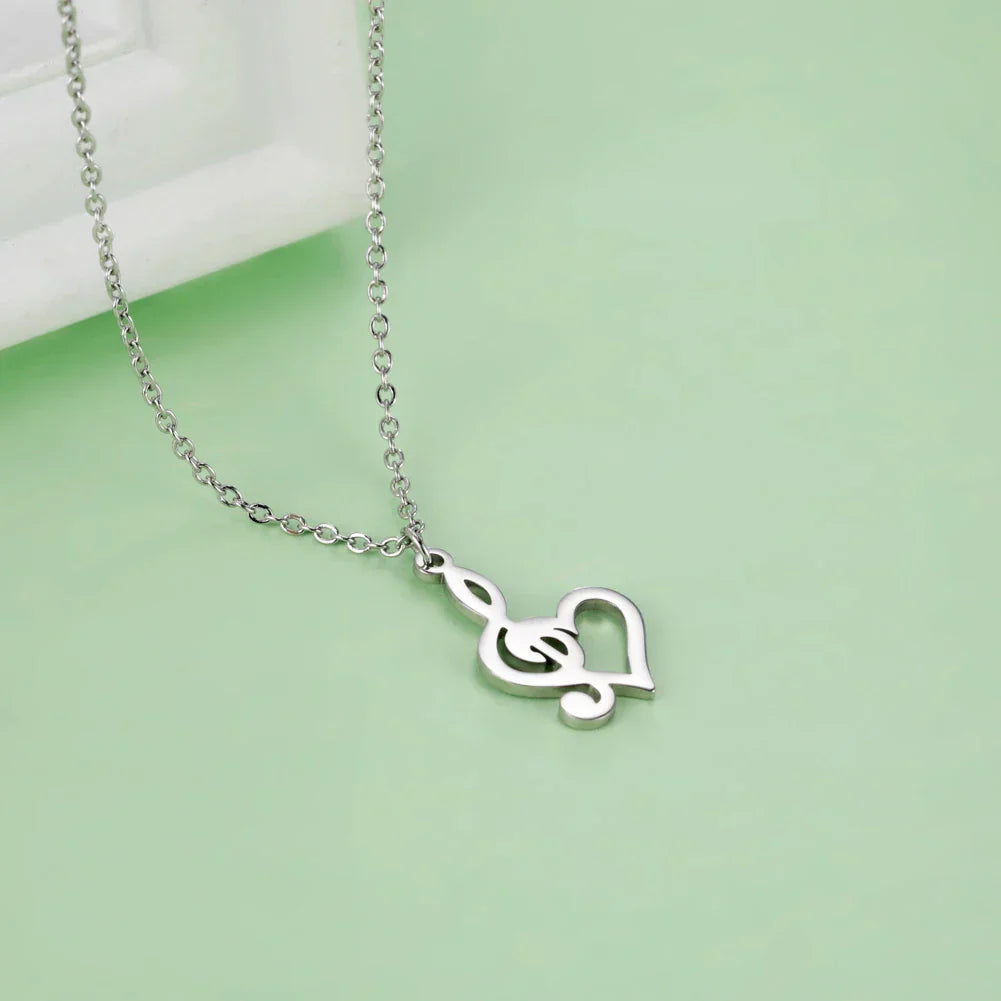 Silver stainless steel heart music note treble necklace gift with delicate heart-shaped pendant on adjustable chain