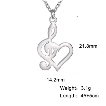 Silver-toned stainless steel note treble necklace pendant with heart music note design ideal as treble necklace gift