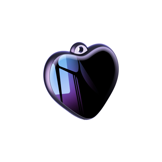 Glossy black heart shape voice activated recorder pendant with reflective purple and blue hues for micro recording