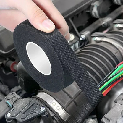 Black heat-resistant wear-resistant car electrical tape with textured woven fabric surface and white core for wire protection