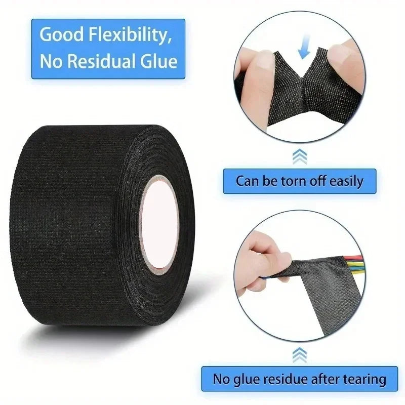 Black textured fabric tape with flexible tear-resistant design for heat-resistant wear-resistant car electrical wire protection