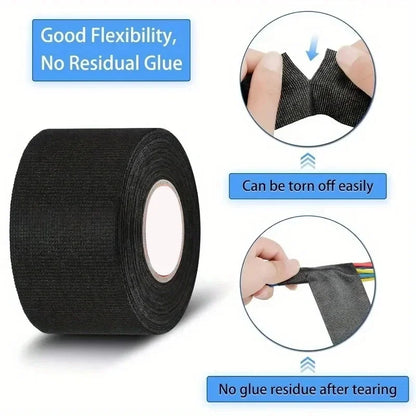Black textured fabric tape with flexible tear-resistant design for heat-resistant wear-resistant car electrical wire protection