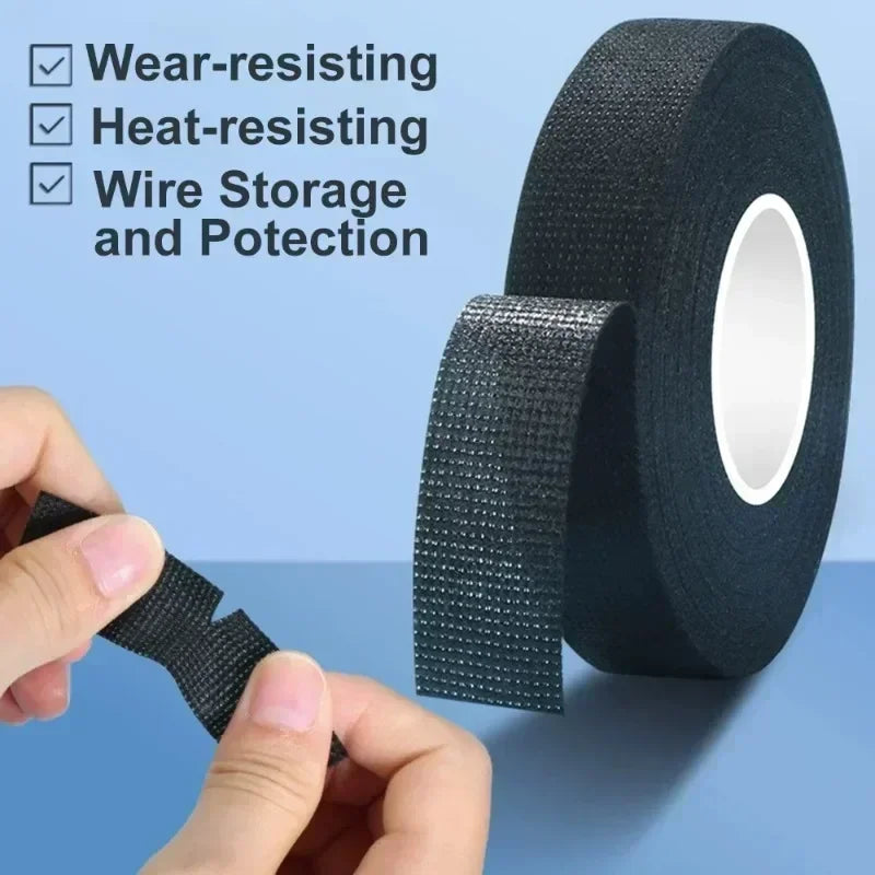 Black woven heat-resistant, wear-resistant car electrical fabric tape roll with textured grid pattern and white core for wire protection