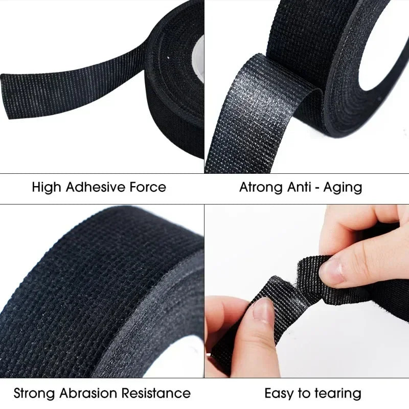 Black woven heat-resistant fabric tape with textured ribbed surface for wear-resistant wire protection