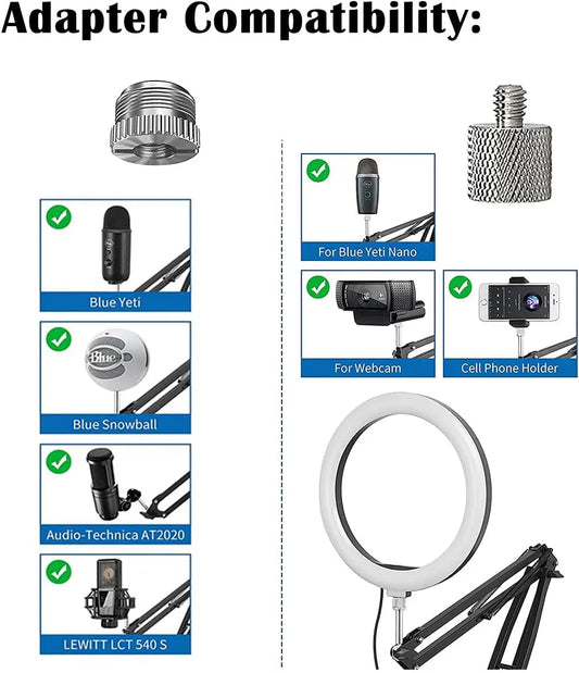 White ring light with black adjustable microphone boom arm featuring shock mount and pop filter for studio recording