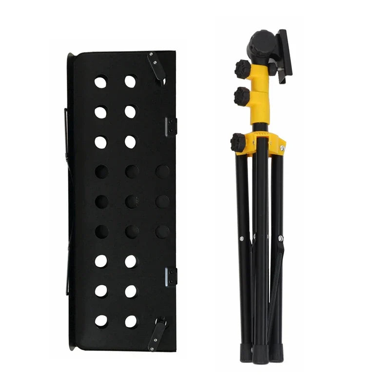 Black heavy duty foldable music stand with circular cutouts and yellow tripod mount featuring carrying bag waterproof design
