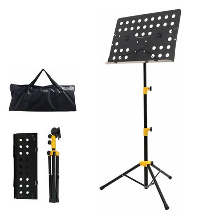 Black metal heavy duty foldable music stand height adjustable with yellow accents and carrying bag waterproof clip holder