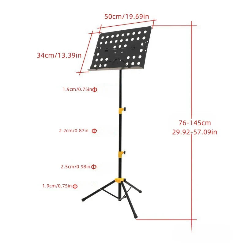 Black metal heavy duty foldable music stand with yellow adjustment knobs, perforated sheet holder, and carrying bag waterproof design