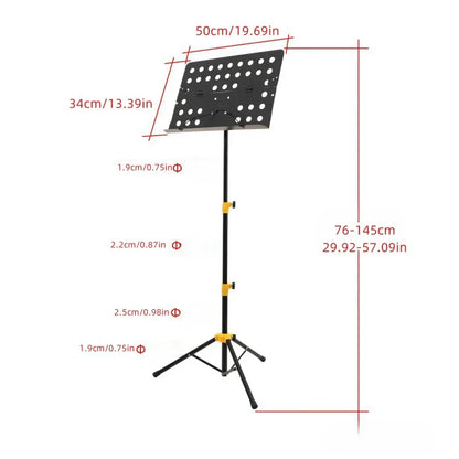 Black metal heavy duty foldable music stand with yellow adjustment knobs, perforated sheet holder, and carrying bag waterproof design