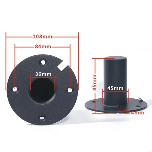 Black iron speaker stand base with central and four screw holes and cylindrical post for professional stage use