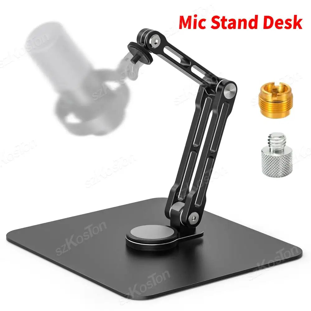 Black heavy-duty microphone stand with adjustable metal boom arm and magnetic base for recording podcasting streaming