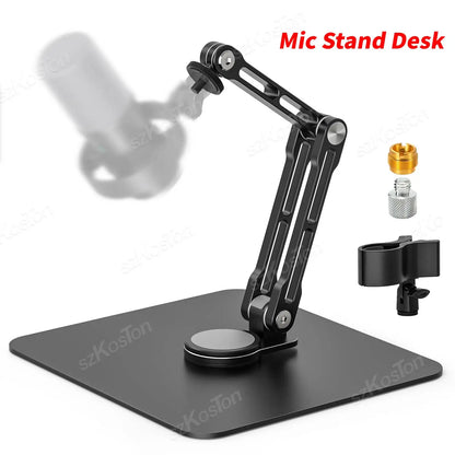 Black heavy-duty microphone stand with adjustable metal boom arm and magnetic base for recording podcasting streaming