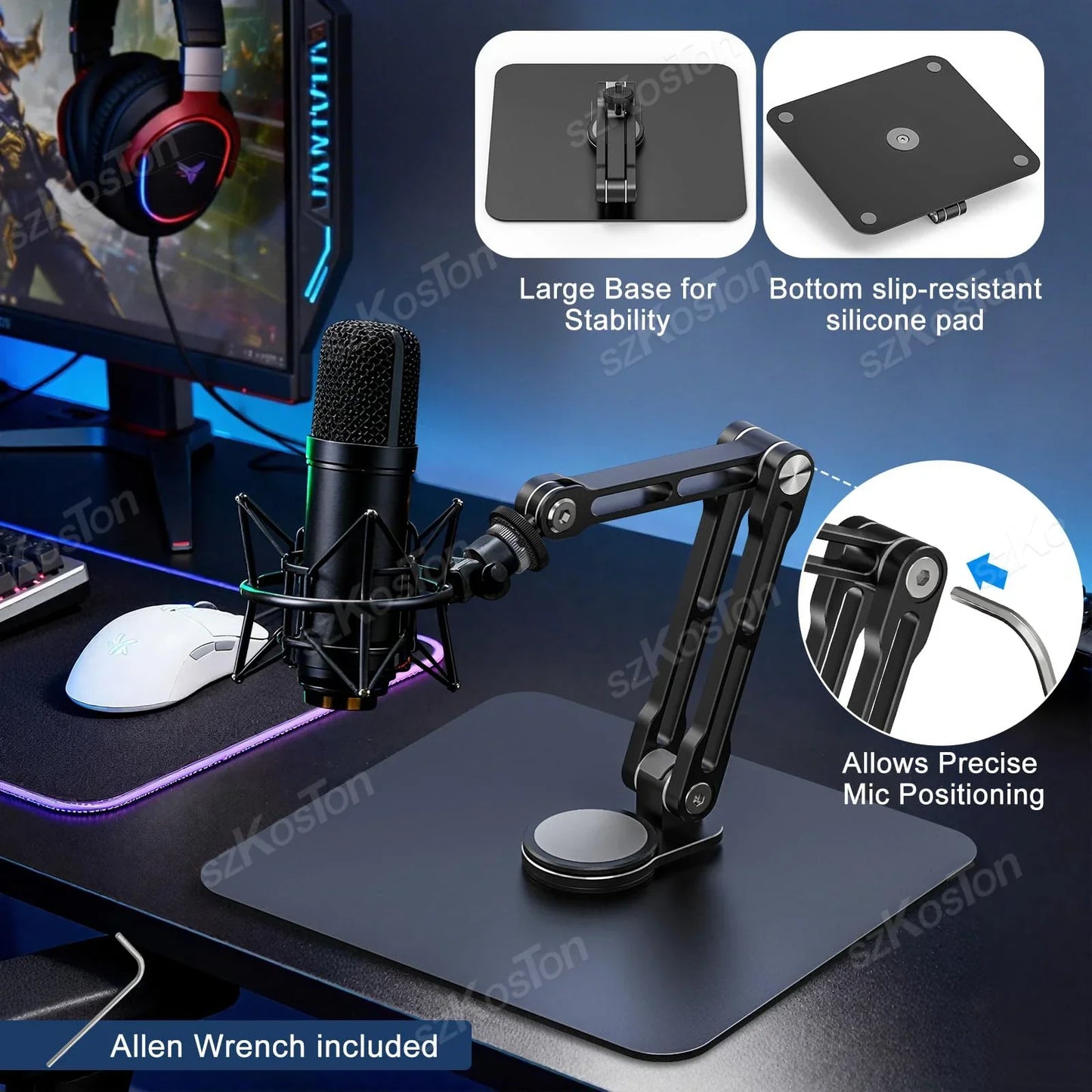 Black adjustable metal boom heavy-duty microphone stand with 360° rotatable foldable desk base for recording podcasting streaming