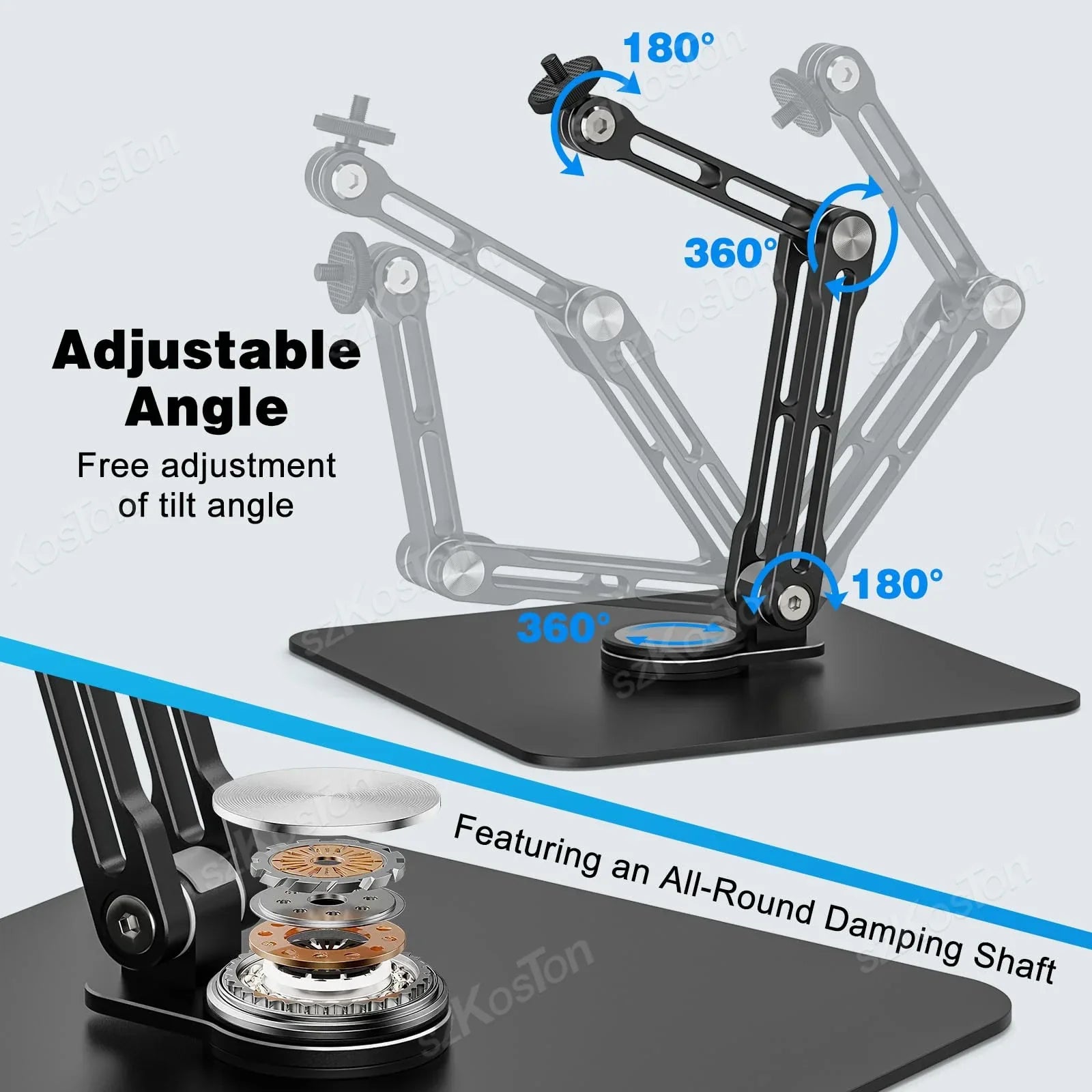 Black adjustable metal boom microphone stand with 360-degree rotatable foldable desk design for recording podcasting streaming