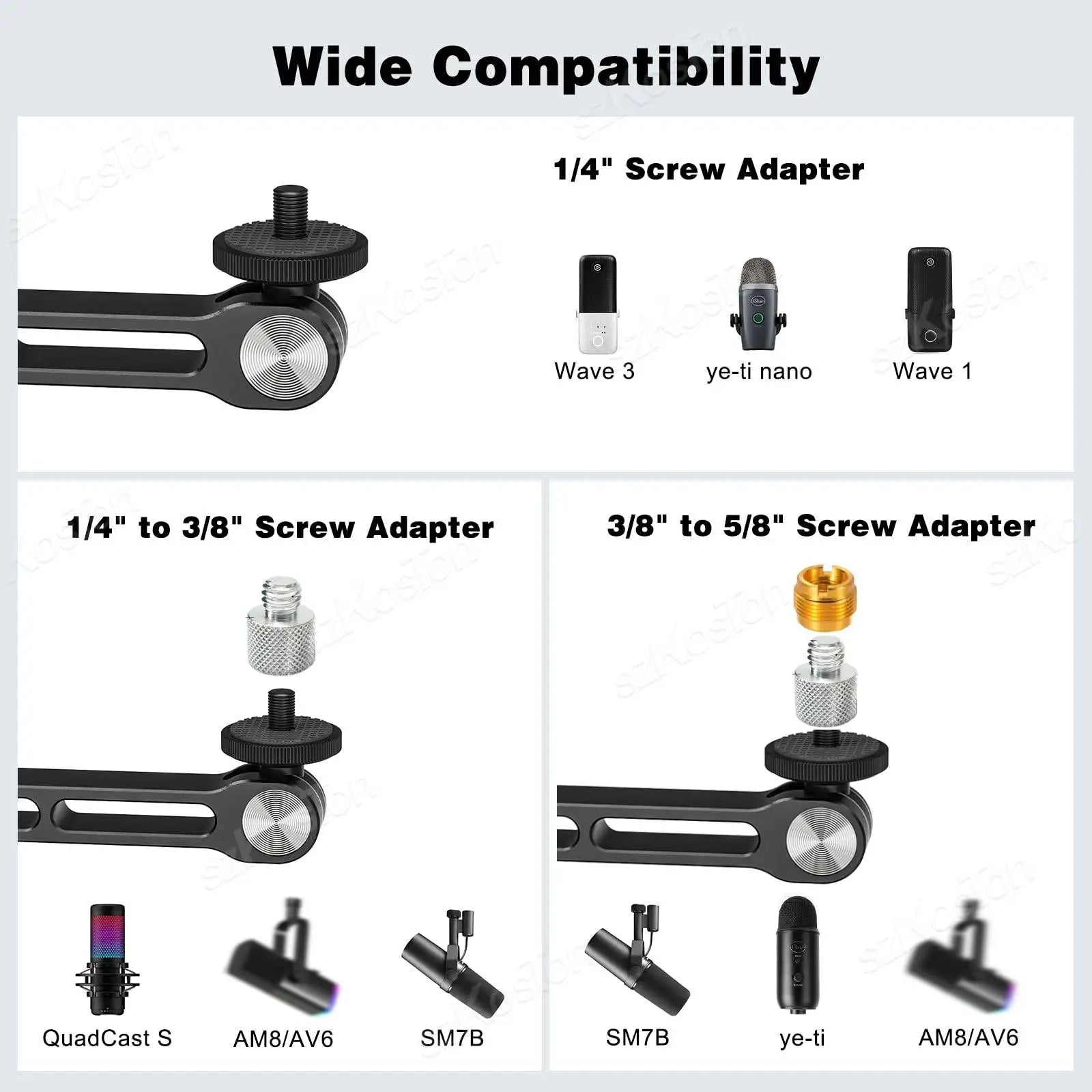 Black and gold heavy-duty adjustable metal boom screw adapters for rotatable foldable desk mic stand recording podcasting streaming