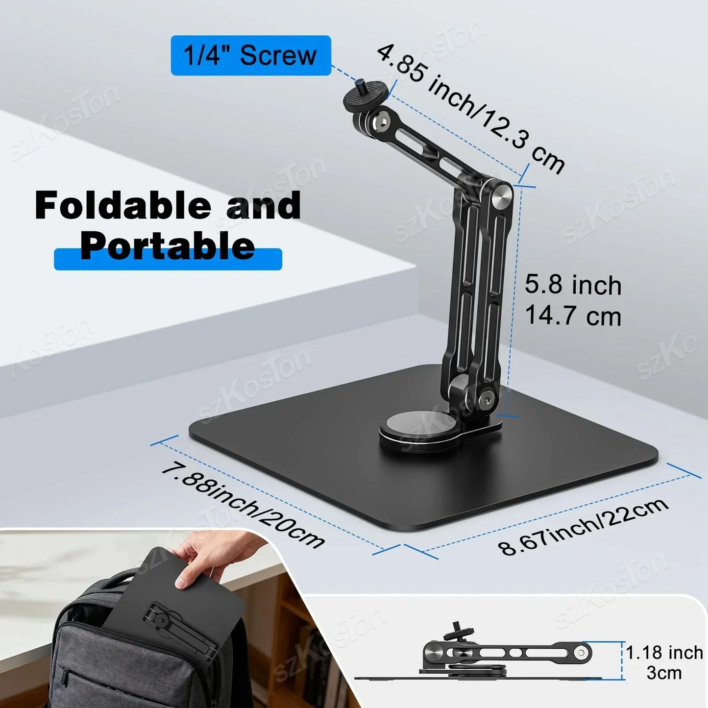 Black foldable portable heavy-duty microphone stand with adjustable metal boom arm for recording podcasting streaming