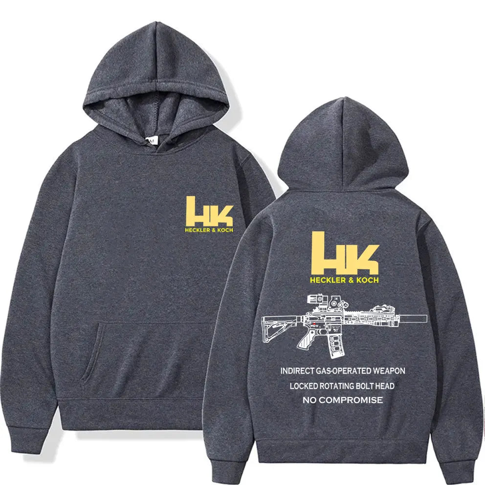 Back of a dark heather gray hoodie with bold yellow hk logo and white fashion m4 gun line art for pullover streetwear autumn