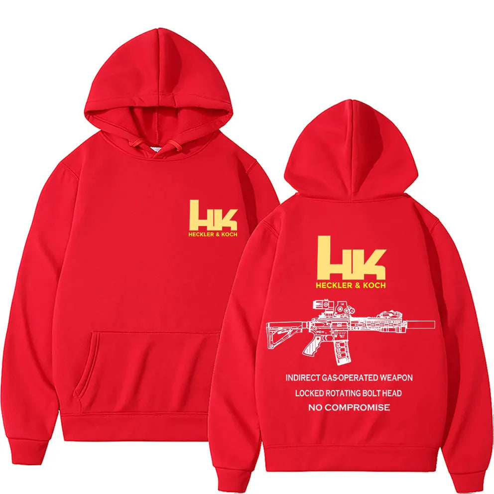Red hooded sweatshirt with yellow koch hk fashion logo and white fashion m4 gun graphic on the back for pullover streetwear autumn