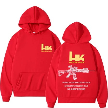 Red hooded sweatshirt with yellow koch hk fashion logo and white fashion m4 gun graphic on the back for pullover streetwear autumn