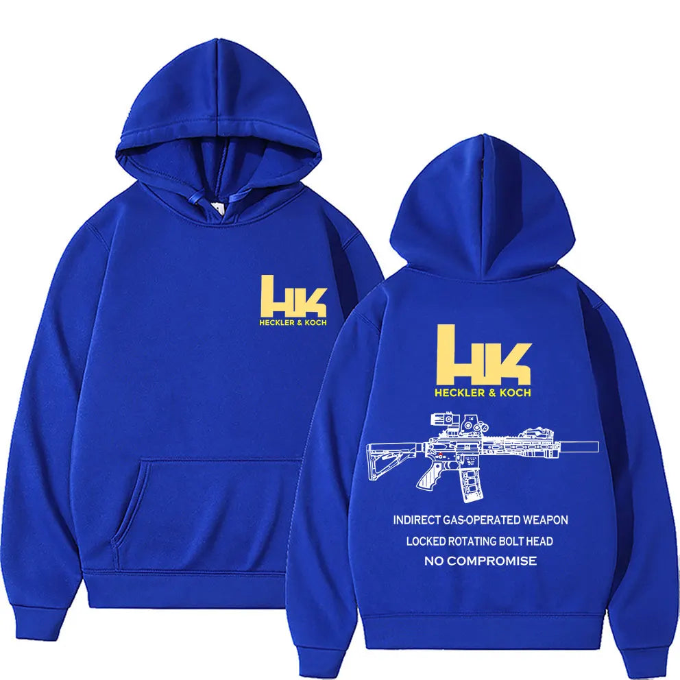 Back view of royal blue hooded sweatshirt with bold yellow hk logo and white fashion m4 gun line art for pullover streetwear autumn
