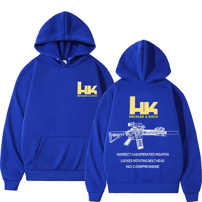 Back view of royal blue hooded sweatshirt with bold yellow hk logo and white fashion m4 gun line art for pullover streetwear autumn