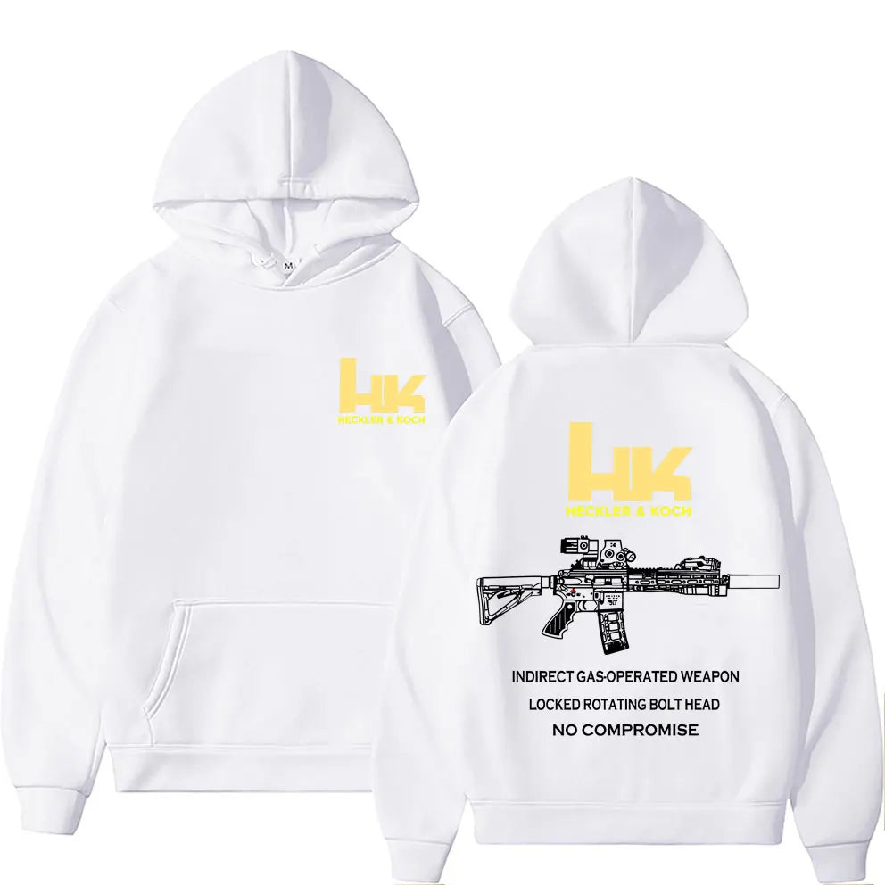 White hoodie with yellow hk logo and black assault rifle design for koch hk fashion m4 gun pullover streetwear autumn