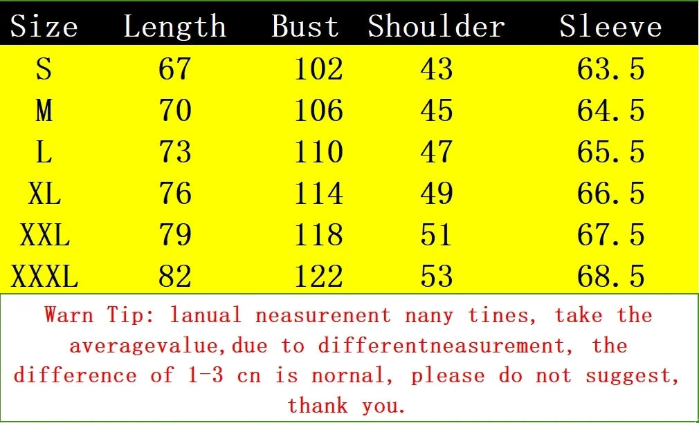 Yellow table with black text displaying size measurements for koch hk fashion m4 gun pullover streetwear autumn hoodie