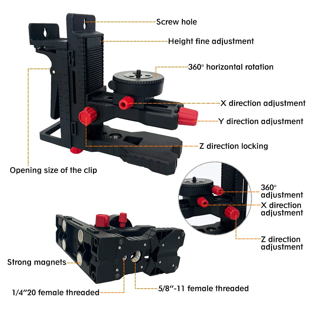 Black adjustable camera tripod mount with red knobs and magnetic attachment points for heipoe dj1100 l-shaped laser level bracket