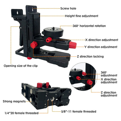 Black adjustable camera tripod mount with red knobs and magnetic attachment points for heipoe dj1100 l-shaped laser level bracket