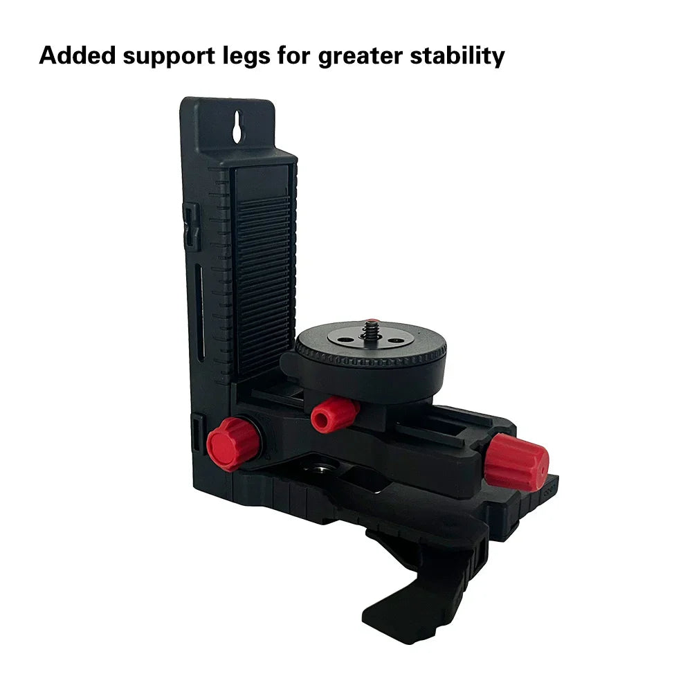 Black plastic heipoe dj1100 l-shaped magnetic laser level bracket with red adjustment knobs and circular mounting plate