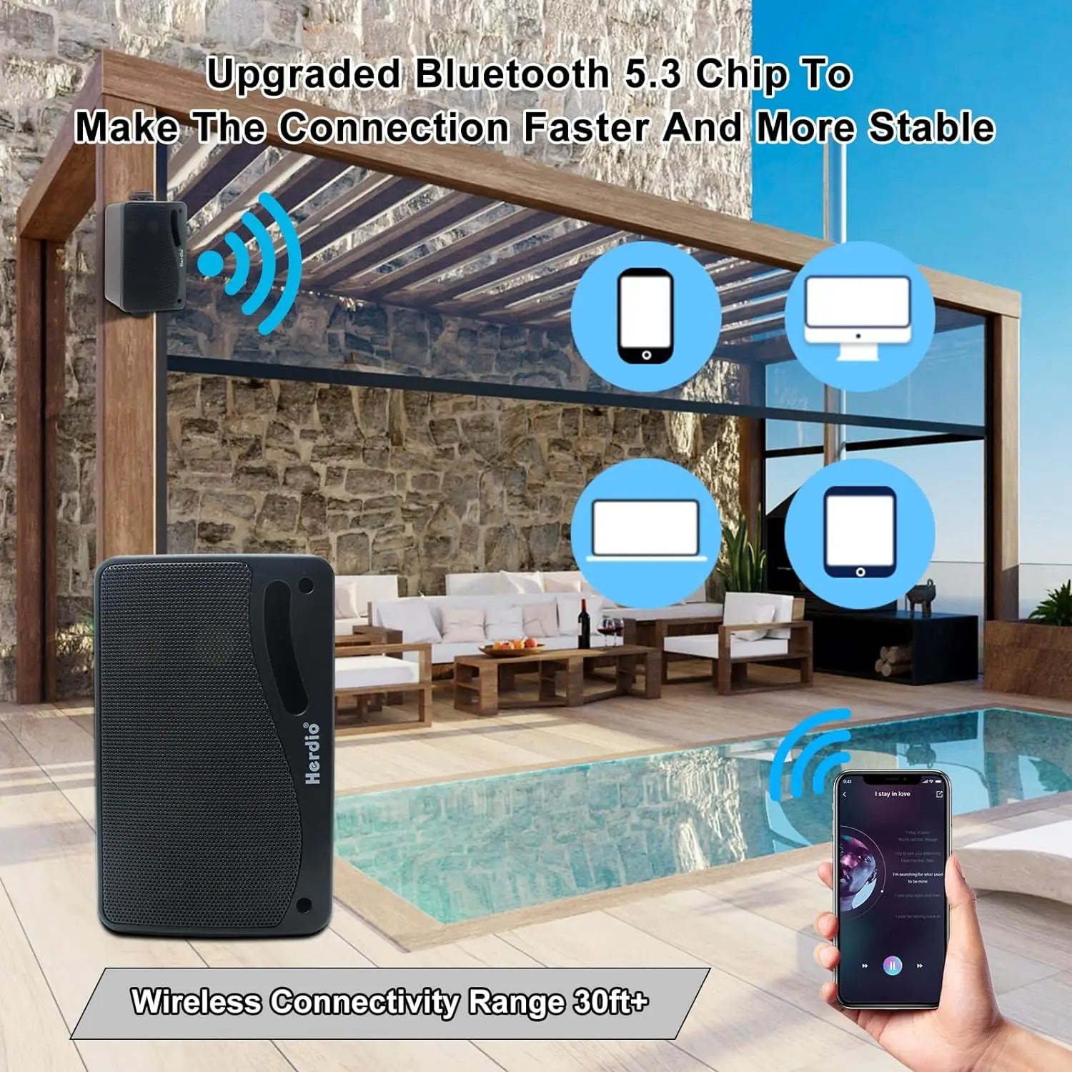 Black rectangular durable mountable loud herdio outdoor bluetooth speakers waterproof with textured grille and premium design
