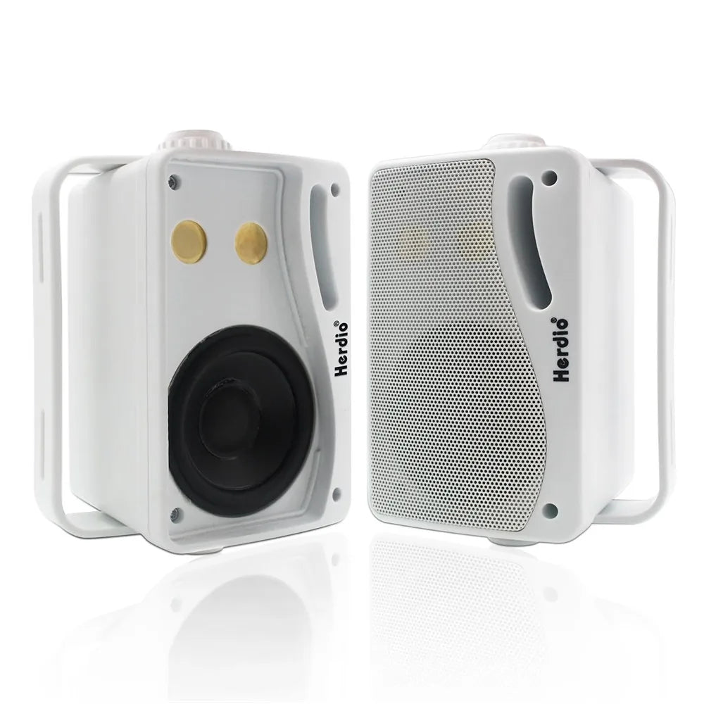 White herdio 3.5 inch outdoor speakers passive wired with gold control knobs and black cones for superior sound and premium mountable wall use