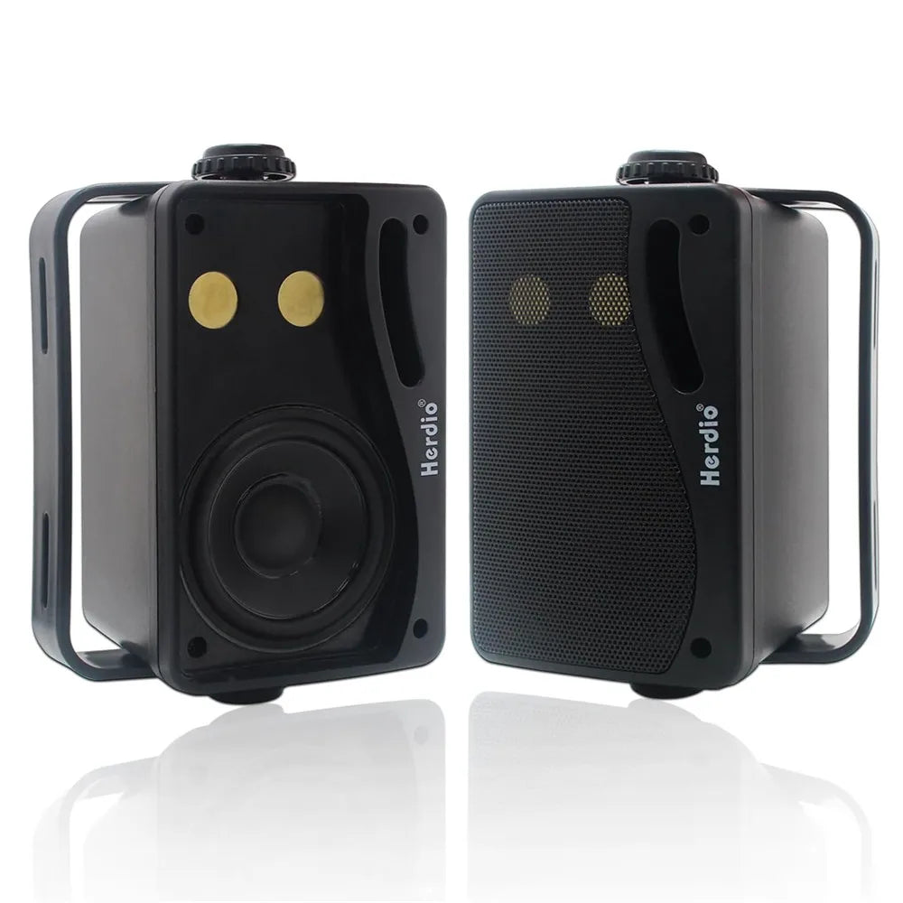 Black herdio 3.5 inch passive outdoor speakers with gold accents and textured grille for patio marine boat use