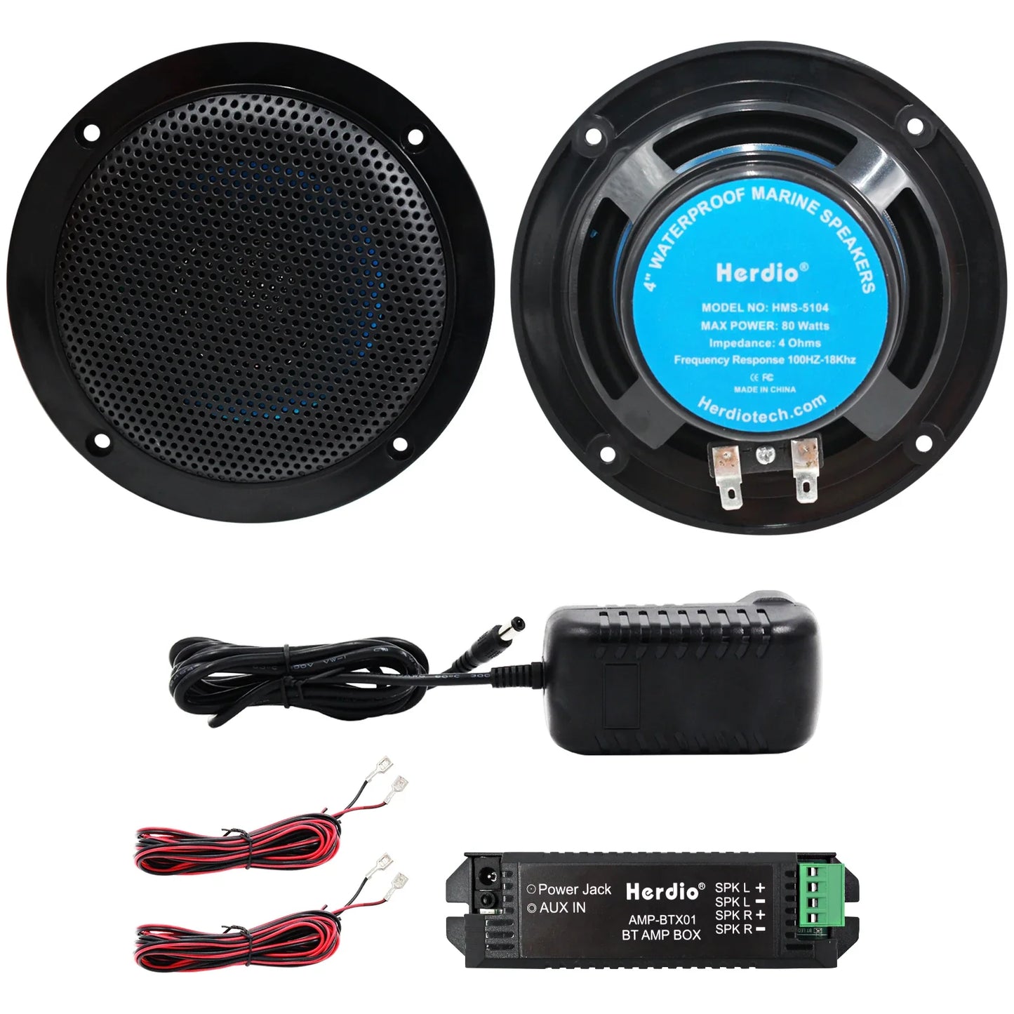 Black 4 inch waterproof Herdio ceiling bluetooth speakers with perforated grille and resistant 160w marine amplifier components for home outdoor camper use