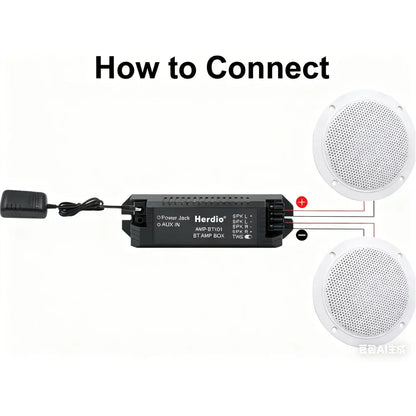 Black herdio amp bt 01 bluetooth amplifier box back with input output ports connected to white ceiling bluetooth speakers resistant 160w marine for home outdoor camper