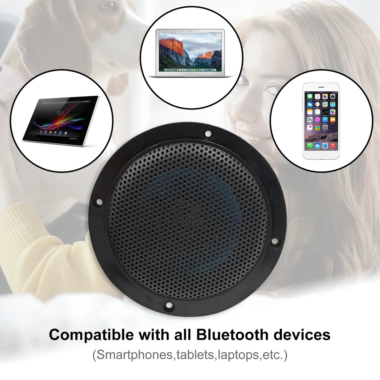 Black circular herdio 4 inch ceiling bluetooth speaker with perforated grille and four screws resistant 160w marine use