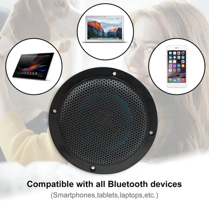 Black circular herdio 4 inch ceiling bluetooth speaker with perforated grille and four screws resistant 160w marine use