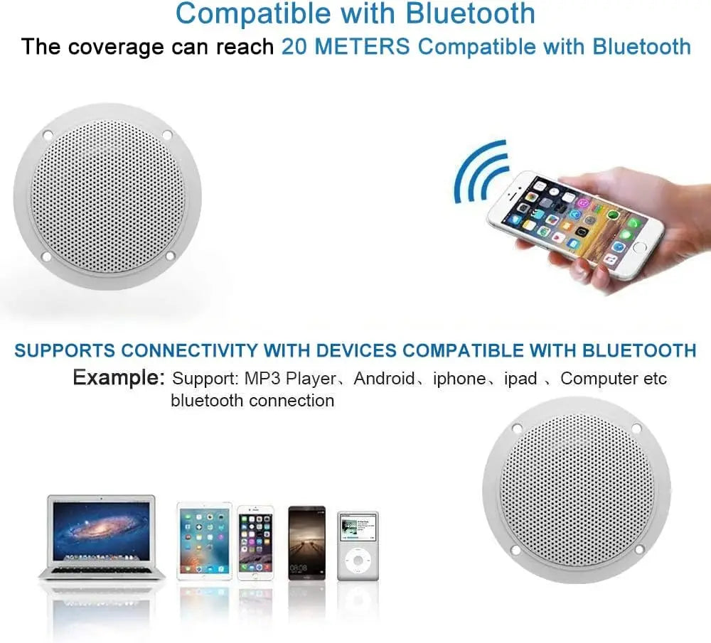 White circular herdio 4 inch ceiling bluetooth speaker with perforated grille and four mounting holes resistant 160w marine use