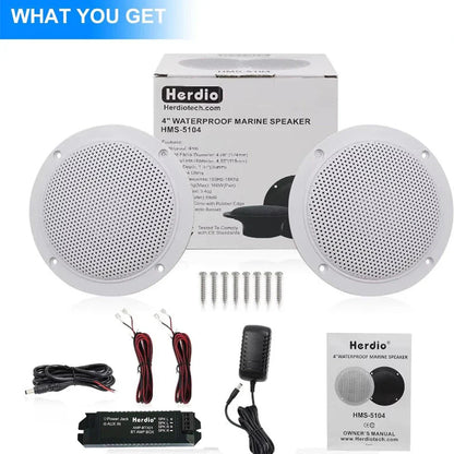 White 4 inch waterproof herdiotech ceiling bluetooth speakers with perforated grille and rubber edge for home outdoor camper
