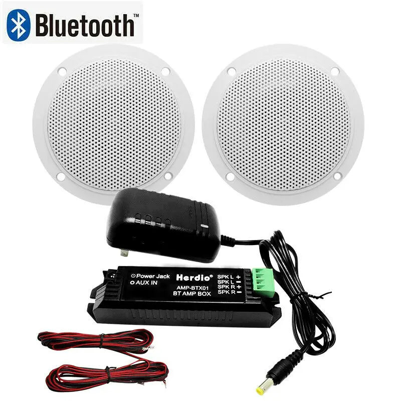 White circular ceiling bluetooth speakers with perforated grilles and herdio amp-btx01 black amplifier resistant 160w marine for home outdoor camper