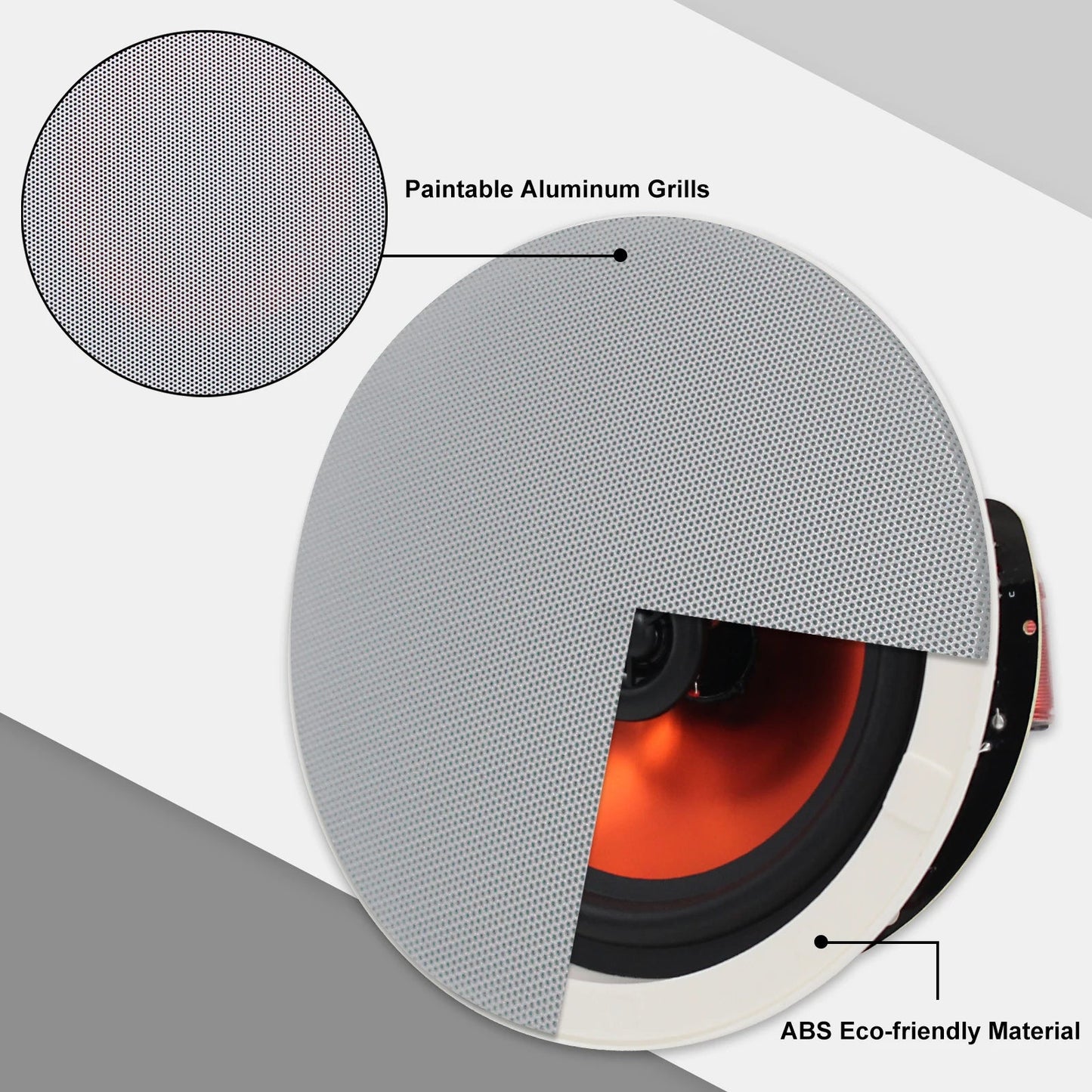 Gray paintable aluminum grille flush mount in-ceiling speaker 2pcs passive with orange cone and eco-friendly frame for bathrooms bedrooms kitchens